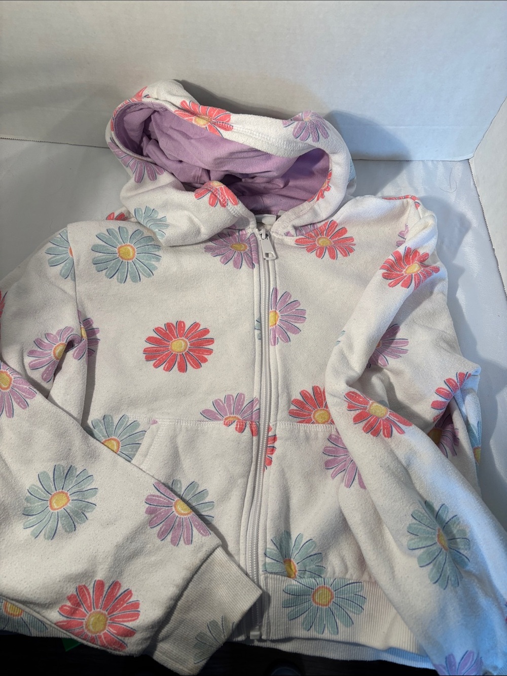 Falls Creek White Zip Hoodie with Pink Lavender and Light Blue Daisy Print